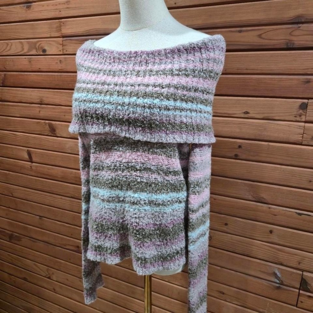 Y2K Womens Medium Pastel Rainbow Striped Off the Shoulder Sweater Grunge Granola